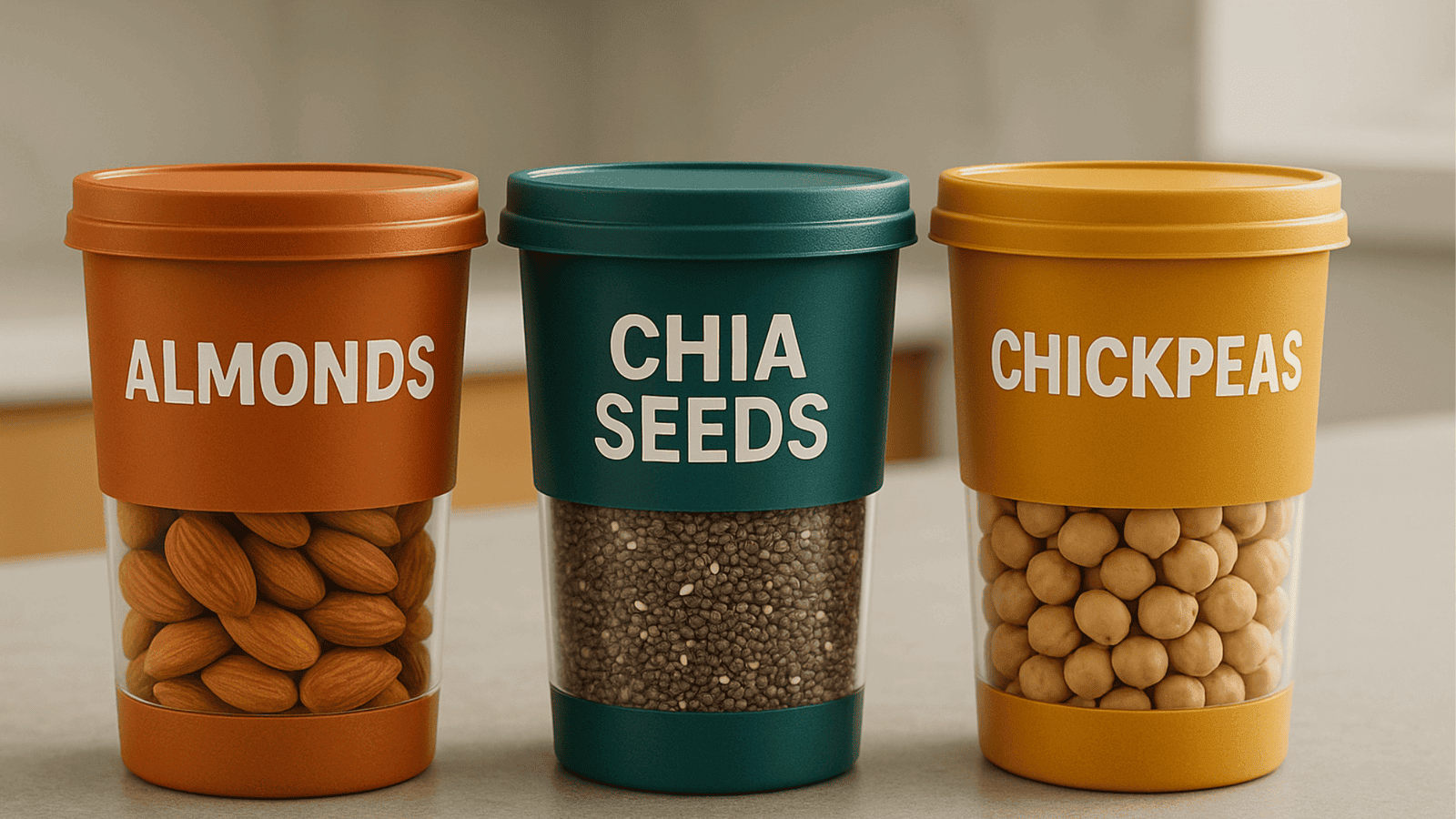 Ready-to-Soak pots of almonds, chia, chickpeas and beans for Soak-O-Matic